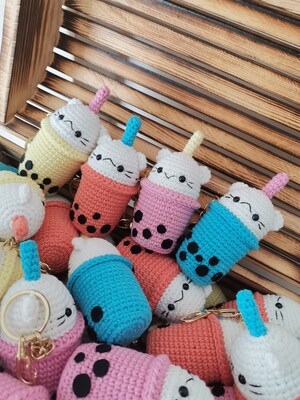 boba cat,boba keychain,boba cup,crochet keychain - image3